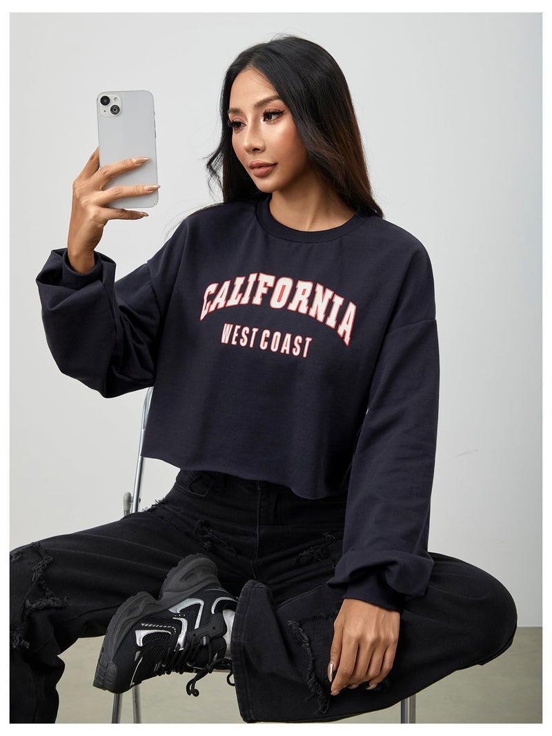 SweatyRocks Women's Casual Long Sleeve Crew Neck Letter Print Crop Top Sweatshirt Navy M - Image 5